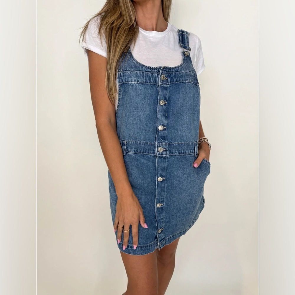 FREE PEOPLE EDDIE DENIM OVERALL MINI DRESS SKIRTALL XS NWT - Picture 8 of 15